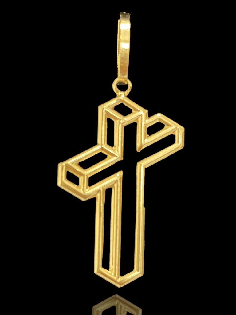 PINGENTE BANHADO A OURO 18K — CRUZ EFEITO 3D — 0.9G/1,5X2,5CM