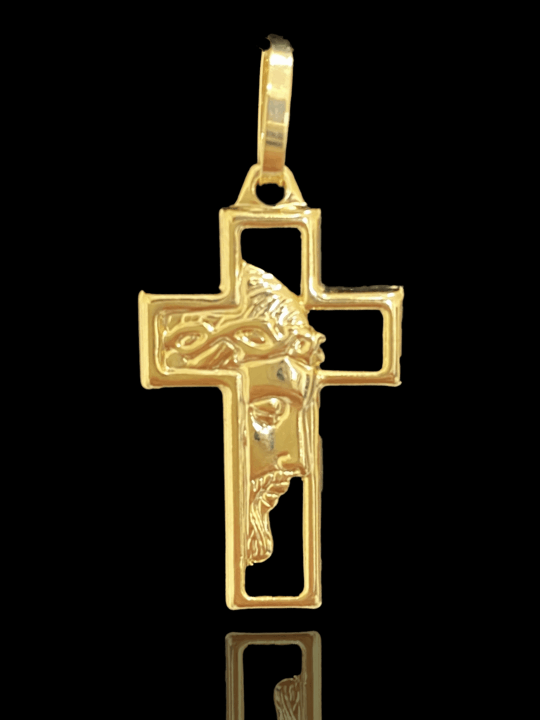 PINGENTE BANHADO A OURO 18K — CRUZ FACE JESUS — 1.2G/1,5X2,5CM