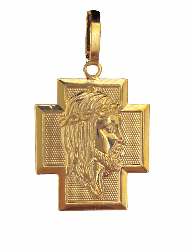 PINGENTE BANHADO A OURO 18K — CRUZ FACE JESUS — 2G/2X2CM