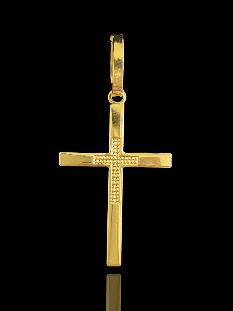 PINGENTE BANHADO A OURO 18K — CRUZ PONTILHADA — 0,6G 2,5X1,5CM