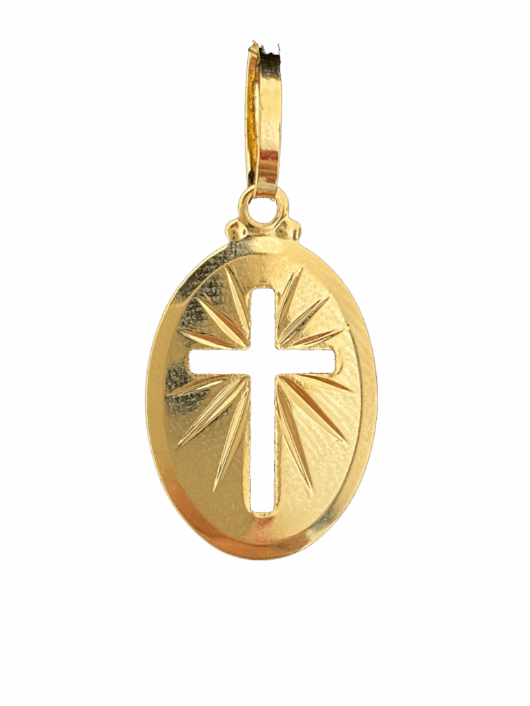 PINGENTE BANHADO A OURO 18K — OVAL CRUZ VAZADA — 2X1,5CM