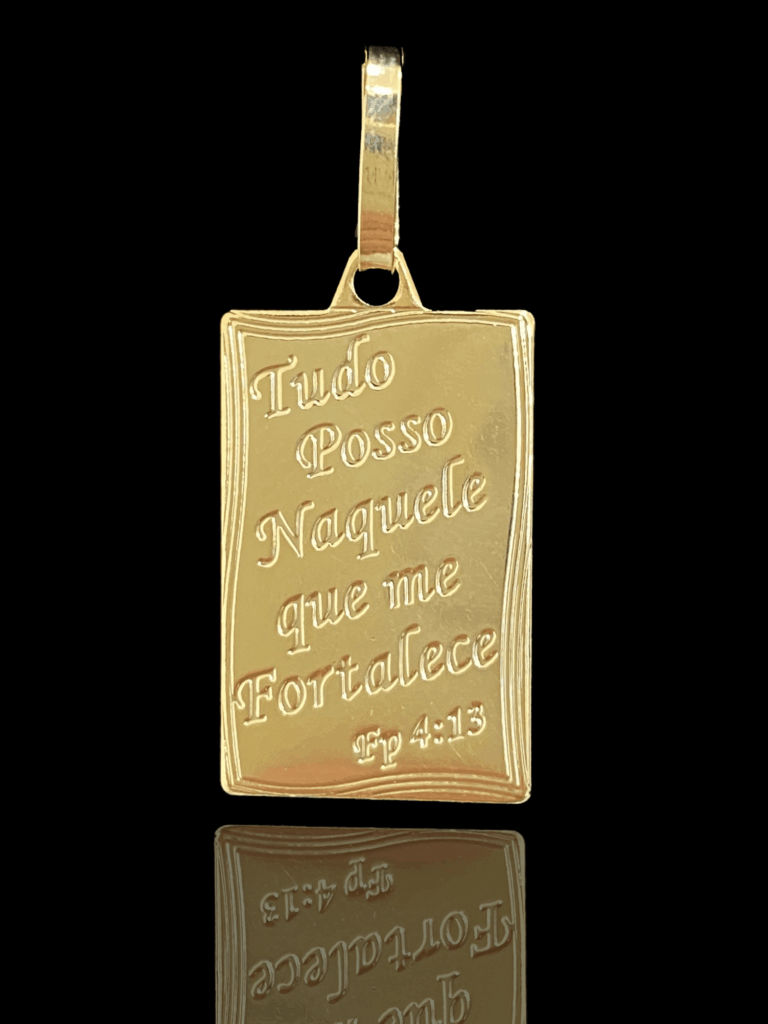 PINGENTE BANHADO A OURO 18K — PLACA TUDO POSSO — 1,6G/1X2CM